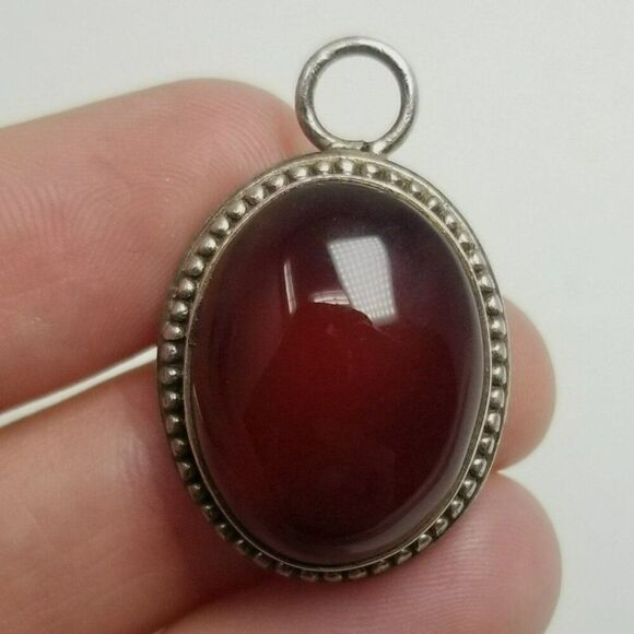 Vintage Jewelry - Vintage Sterling Silver Dark Red Glass Cabochon Pendant Charm Oval Shape, Estate